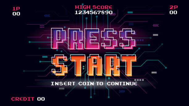 istock PRESS START INSERT A COIN TO CONTINUE .pixel art .8 bit game.retro game. for game assets in vector illustrations.Retro Futurism Sci-Fi Background. glowing neon grid.and stars from vintage arcade comp 2162997635