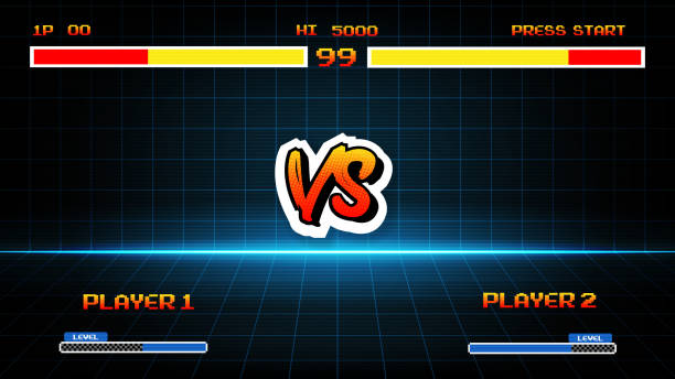 Versus Screen retro game on neon grid background.80s retro game. Versus Screen retro game on neon grid background.80s retro game. confrontation stock illustrations