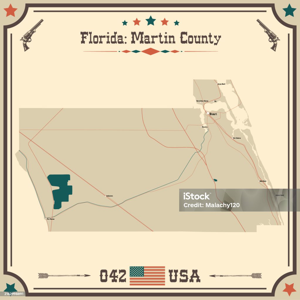 Large And Accurate Map Of Martin County Florida Usa With Vintage Colors