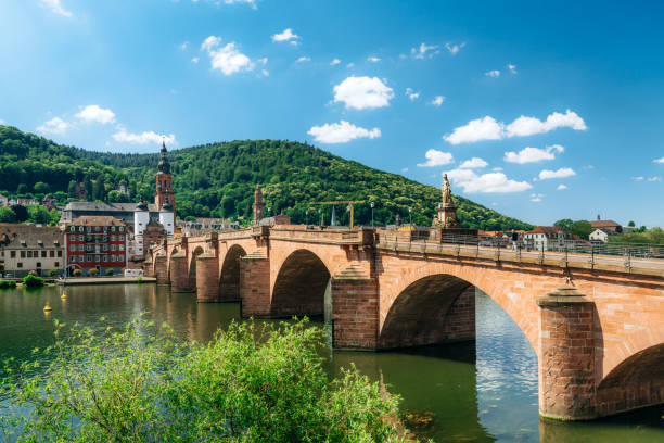 Beautiful view of Heidelberg Old Bridge spanning the Neckar River with lush green hills and historic buildings under a clear blue sky.