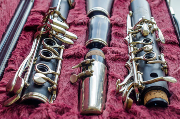 French system clarinet disassembled in a case on a bright burgundy background