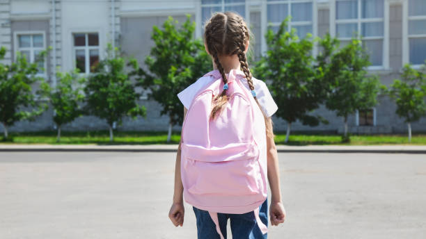 istock Back to school. cute child girl with backpack going to school 2163004655