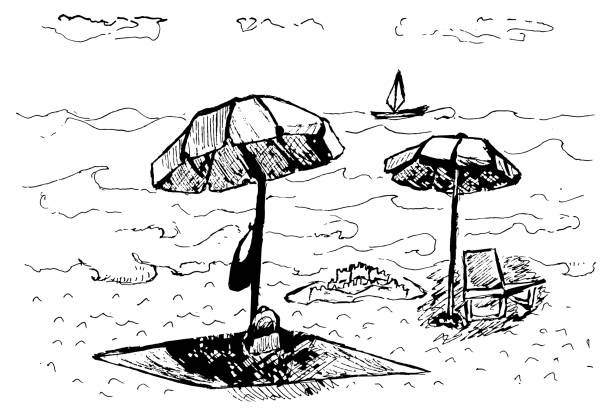istock Art sketch in black paint drawing. Rest by the sea. Vector illustrations. 2163006864