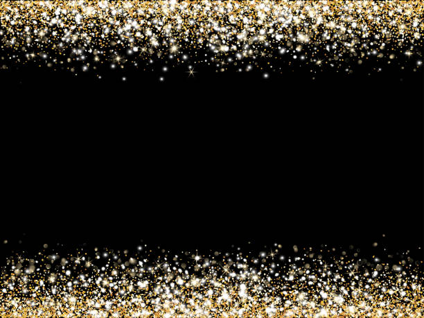 istock Golden glitter lights on black background. Sparkling glittering rain effect. Celebration backdrop for Christmas, wedding, birthday party. Luxury metallic frame, border. Vector. 2163007824