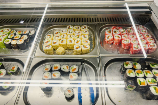 istock Sushi in a glass case in shop 2163009186