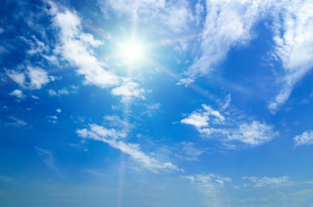 istock Blue sky with white clouds and sun. 2163017153