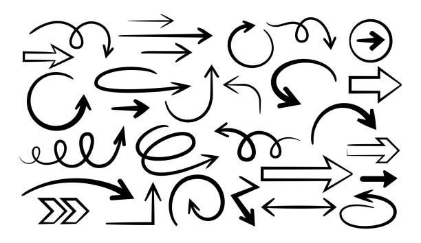 set vector illustration of hand drawn and curved arrows - strzała stock illustrations