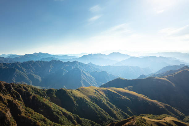 The drone view looks out over the mountains