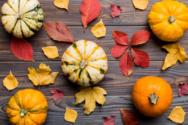 istock Autumn composition. Pattern made of dried leaves and other design accessories on table. Flat lay, top view 2163023533