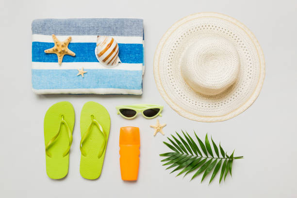 istock Top view travel or vacation concept. Composition with stylish beach accessories on colored background, top view. Beach fashion flat lay, summer concept. Trendy colors 2163023564