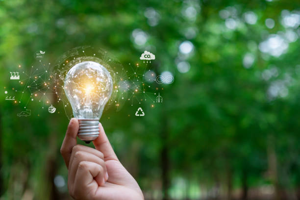 istock Hand human holding electricity light lamp, Carbon neutral and net zero concept for net zero greenhouse gas emissions target, Natural background, Renewable Energy, Environmental protection 2163025033