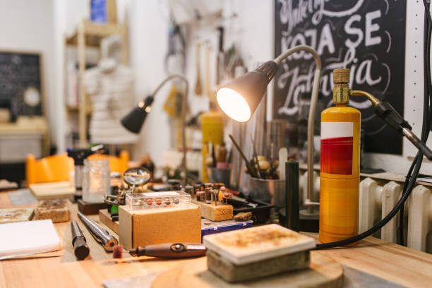 istock Close-up of diverse tools arranged neatly on a desk 2163025754