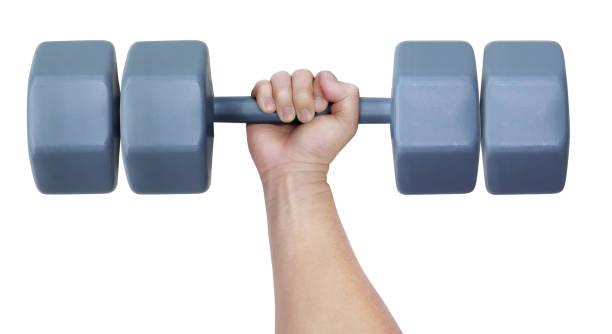 istock Man holding dumbbells in hands isolated on white background. 2163025817