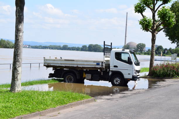 Weißenthurm, Germany - 06/04/2024: A parking truck in the flood on the street