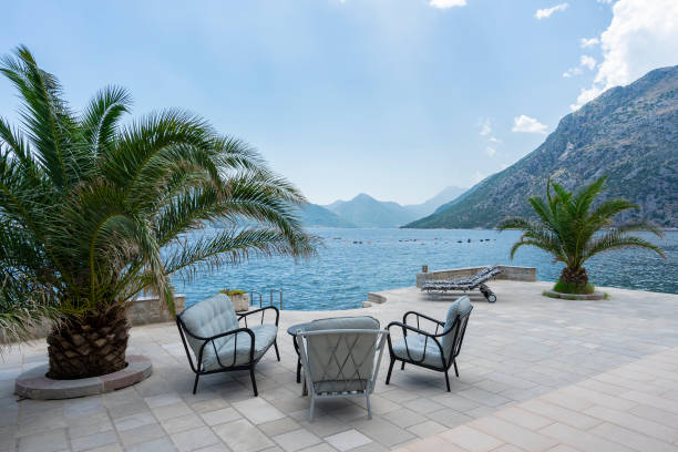 Scenic Waterfront Patio with Palm Trees and Mountain View
