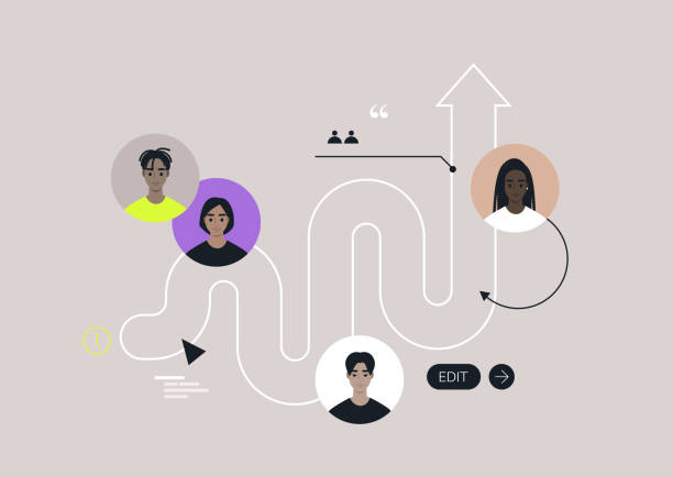 navigating the network, a collaborative journey upward, 4명의 다양한 개인이 선과 화살표의 복잡한 시스템을 통해 연결되어 협업과 공유된 진전을 상징합니다 - 단일 차선 도로 stock illustrations
