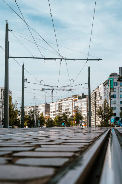 Antwerp, Belgium, July 21st 2024: Low angle view of tram tracks on Leien in Antwerp