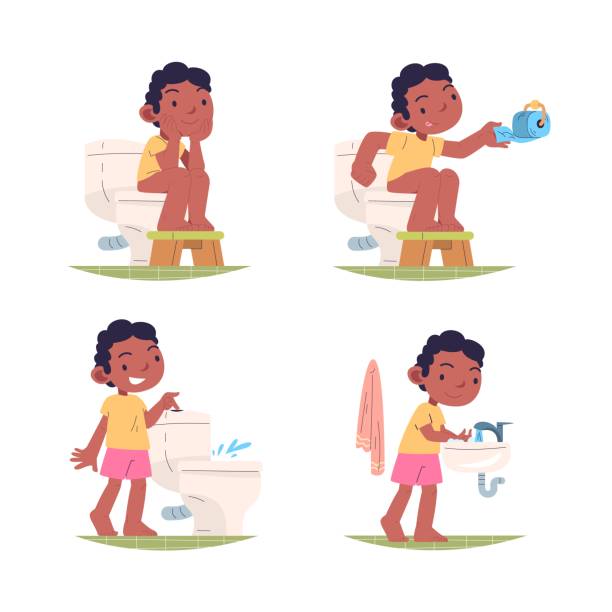 Kid using toilet. Little children sitting toilets tissue in bathroom, lavatory hygiene training cartoon kids pee or pooping home restroom, baby toddler classy vector illustration Kid using toilet. Little children sitting toilets tissue in bathroom, lavatory hygiene training cartoon kids pee or pooping home restroom, baby toddler classy vector illustration authors graphics school cleaning stock illustrations