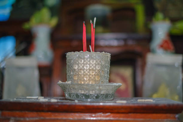 An empty incense burner was placed on the Buddha table where people used to place incense sticks.