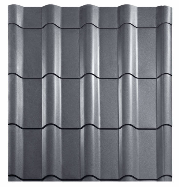 istock Lightweight galvanised steel roofing sheet isolated on white background. Modular tile effect roof panel. Traditional metal shingle tiles. Popular profiled metallic pantile mimic clay or concrete slate 2163050630
