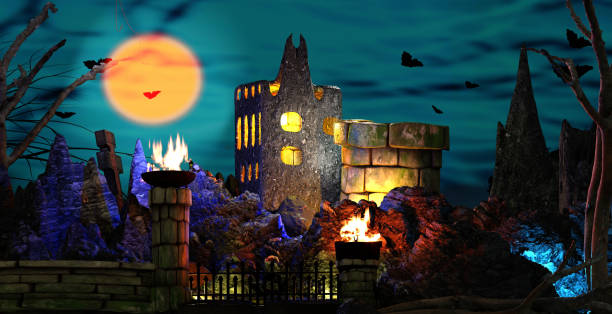 Halloween colorful background with creepy haunted old castle in the night. 3D render illustration.
