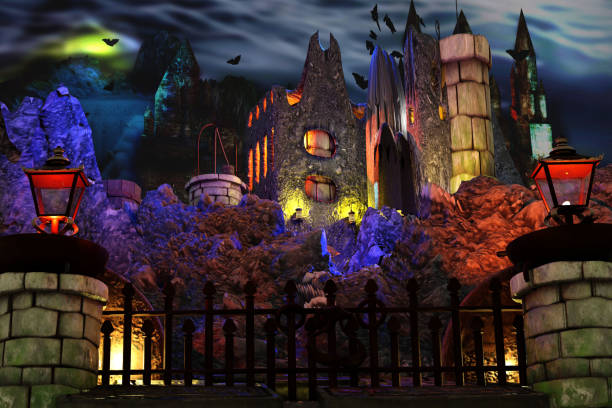 istock Halloween night scene with spooky castle 2163055602