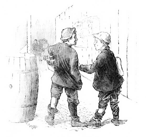Two poor boys deliver newspaper and items to make money. Illustration engravings published in 1894. Original edition is from my own archives.  Copyright has expired and is in Public Domain.