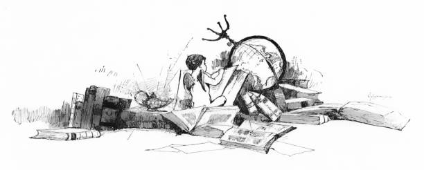 A baby with wings is reading books. A globe is toppled upside-down, symbolizing trouble in the world. An Aladdin's lamp is shining, representing wishes and hope. Symbolism. Illustration published 1894. Original edition is from my own achieves. Copyright has expired and is in Public Domain.