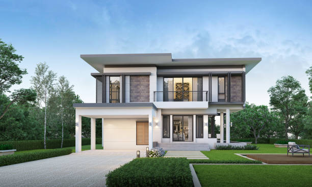 istock Modern house exterior evening view with lawn grass.3d rendering 2163056464