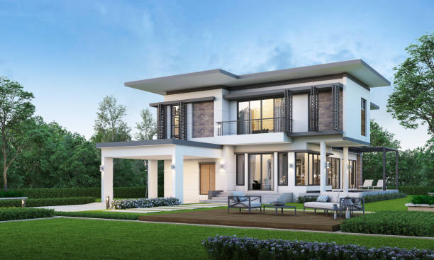 istock Modern house exterior evening view with lawn grass.3d rendering 2163056465