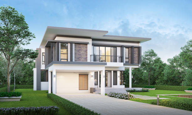 istock Modern house exterior evening view with lawn grass.3d rendering 2163056467