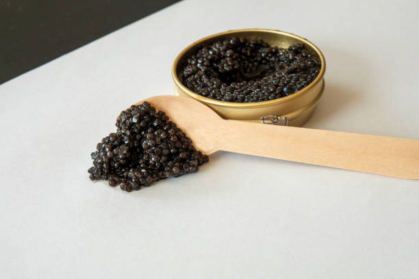 Black caviar outside an open tin can with spoon on a white background. Gourmet seafood delicacy.