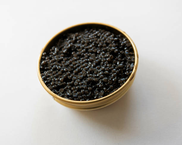 istock Black caviar in an open tin can on white background. 2163056845