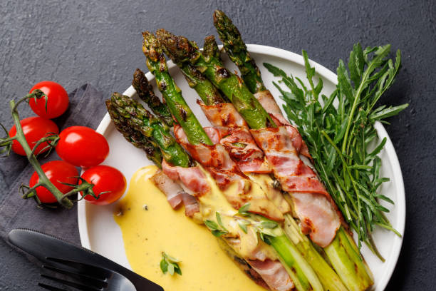 istock Grilled asparagus with bacon and egg sauce 2163056900