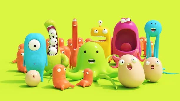 Cute colorful creatures funny group soft plastic plasticine cheerful background 3d illustration render digital rendering