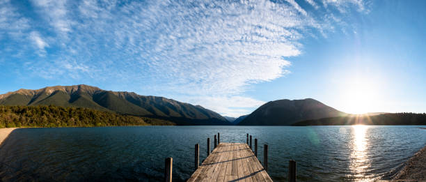 Tranquil Mountain Lake with Wooden Dock