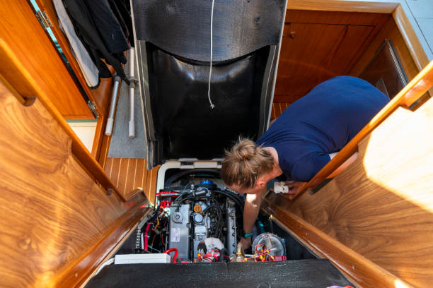 Woman maintains sailboat engine