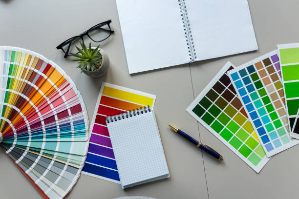istock creative workplace color palette with notepad, brush. Modern graphic designer workspace 2163067266