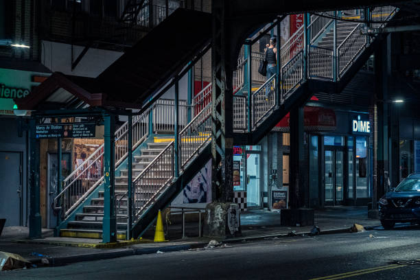 Old rusty staircase on the West Eighth Street–New York Aquarium (New York City Subway) in Coney Island Beach, Brooklyn, New York City, USA
