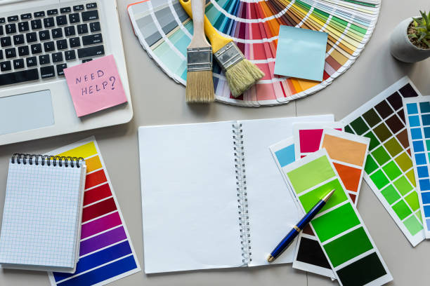 istock creative workplace color palette with notepad, brush. Modern graphic designer workspace 2163067627
