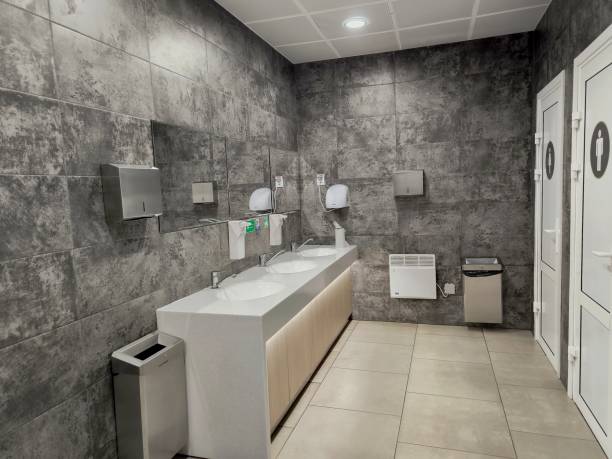 istock Public toilet with hand washing facilities in white and black. 2163071971