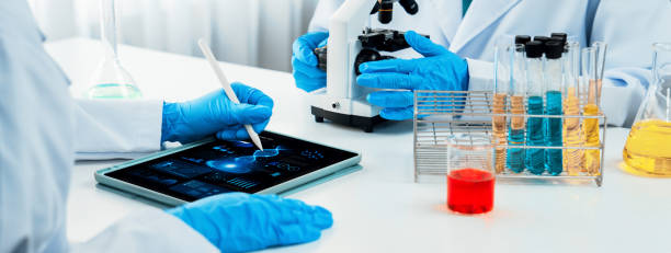 istock Innovative medical biotechnology software with lab researcher. Rigid 2163074244