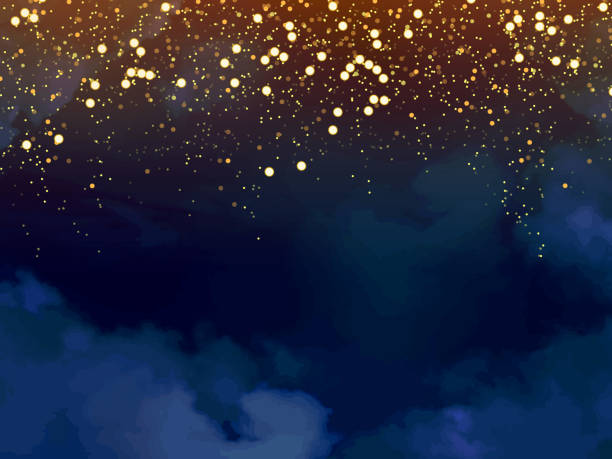 Magic night dark blue frame with sparkling glitter bokeh and light art. Square vector wedding card. Gold confetti vector art illustration