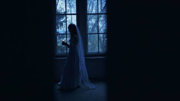 Fear Night, Ghost in Haunted House, Mysterious Woman in White Dress Standing in Abandon Building
