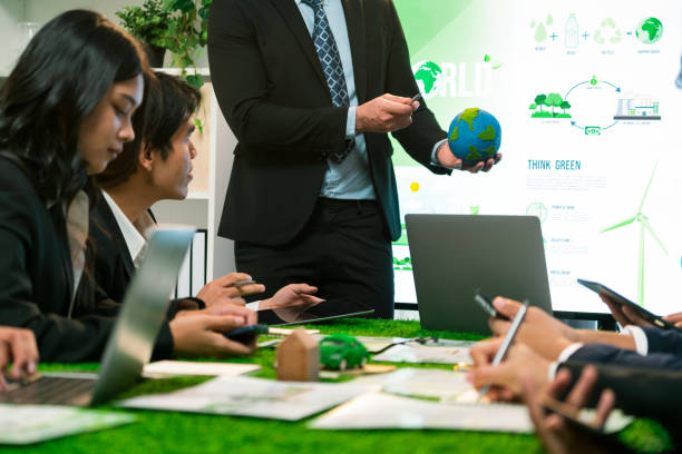 istock Businessman leader give presentation on eco-friendly implementation. Quaint 2163077855