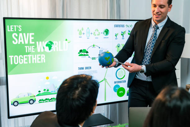 istock Businessman leader give presentation on eco-friendly implementation. Quaint 2163077973