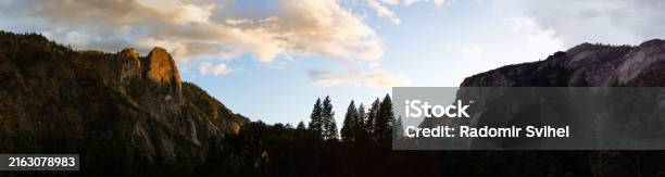 Stock fotografie Panorama Shot Of Trees And Mountain Ridge And Conifer Trees In Yosemite National Park In Usa – stáhnout obrázek nyní