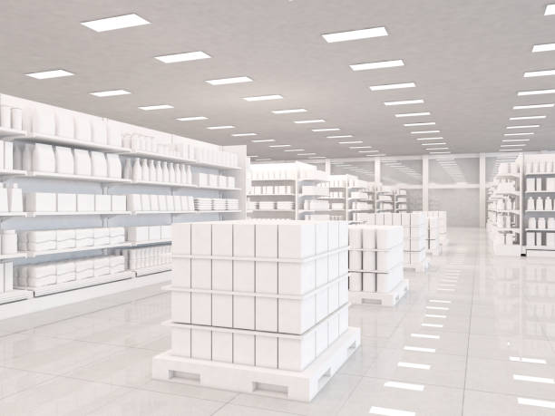 istock White supermarket interior with empty shelves and boxes on pallets. 3d rendering illustration 2163079853