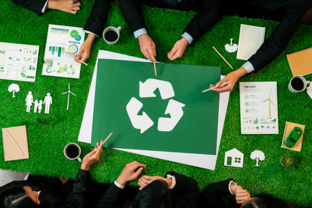 istock Top view panorama banner recycle icon on meeting table. Quaint 2163080118