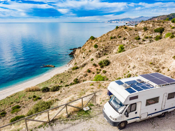 istock Rv camper on spanish coast. Aerial view 2163090595